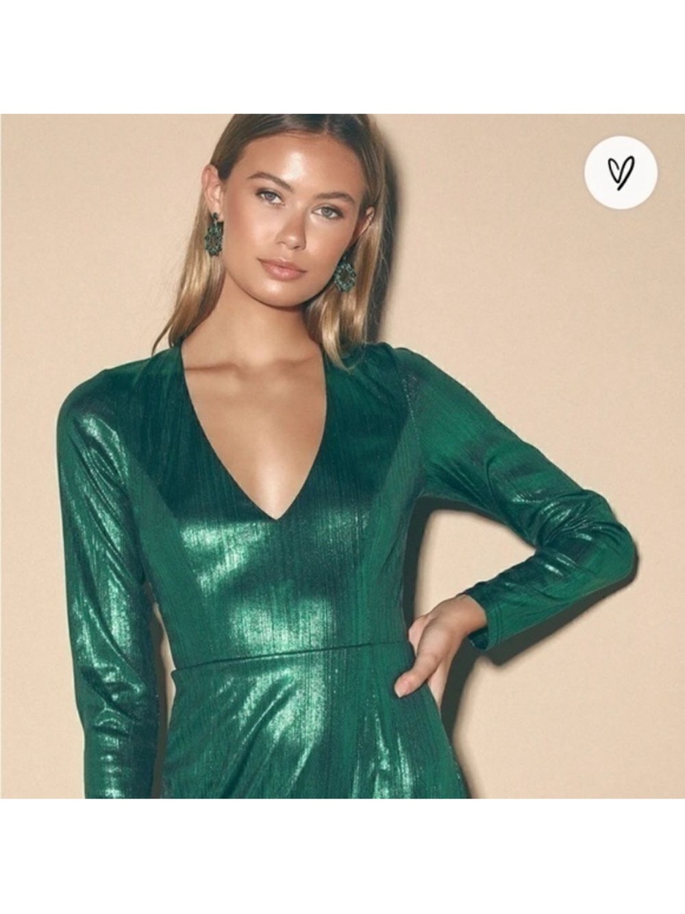 Lulu's Emerald Metallic Long-Sleeve V-Neck Dress NWT